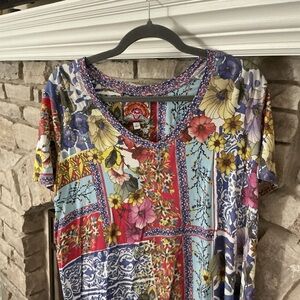 Johnny Was Multicolor Floral Patchwork Short Sleeve Top